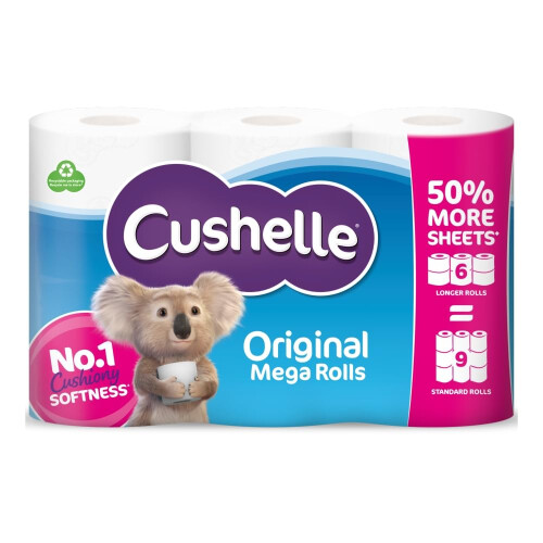 Cushelle Cushelle Original 6 Roll, Mega Toilet Rolls, 50% More Sheets