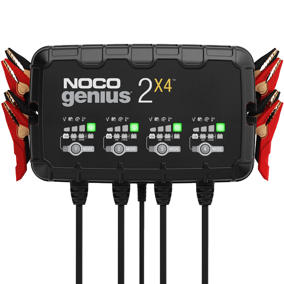 Noco Genius2x4: 8A 4-Bank Smart Battery Charger (2A/Bank) - 6V/12V Automatic Maintainer, Trickle Charger & Desulfator With Overcha