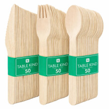 Table Kind 150 x Wooden Cutlery Set - Disposable Wooden Cutlery Biodegradable Knives, Forks, Spoons, Utensils, Camping, Picnics, B
