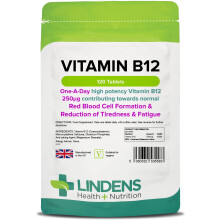 Lindens - Vitamin B12 250mcg, 120 Tablets - 1 a Day, UK Made - Red Blood Cell Formation, Metabolism, Reduction of Tiredness and Fa