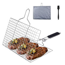 Fish Grilling Basket, Stainless Steel BBQ Grill Basket, Folding Portable Grill Basket with Removable Handle for Grilling Fishes, V