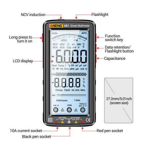 Aneng 681 Lcd Digital Display Smart Auto-Range Charging Multimeter (Black) Gifts:681 Black 2