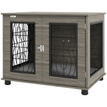 Hundebox aus Metall mit Liegekissen, für Haustiere bis 20 kg, Grau/Holz, 80 x 56 x 63 cm