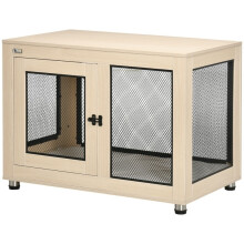 Gabbia per cani moderna in legno con 2 sportelli chiudibili a chiave, naturale + nero, 94x60x71,5 cm