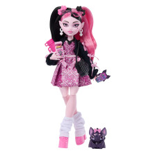 Monster High Doll, Draculaura in Pink Bow Dress and Black Cardigan with Pet Bat Count Fabulous and 7 Accessories like Ramen, Lipstick and Purse, JHK2