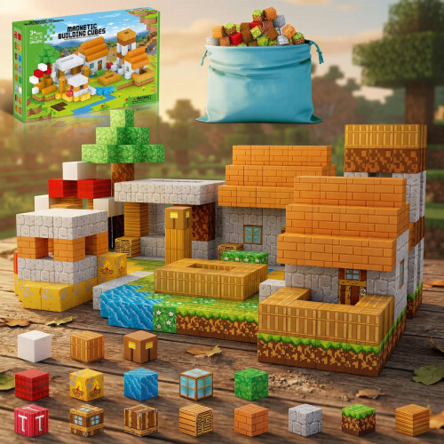 100PCS Magnetic Building Blocks, Pixel Village Construction Set, Ages 3-10