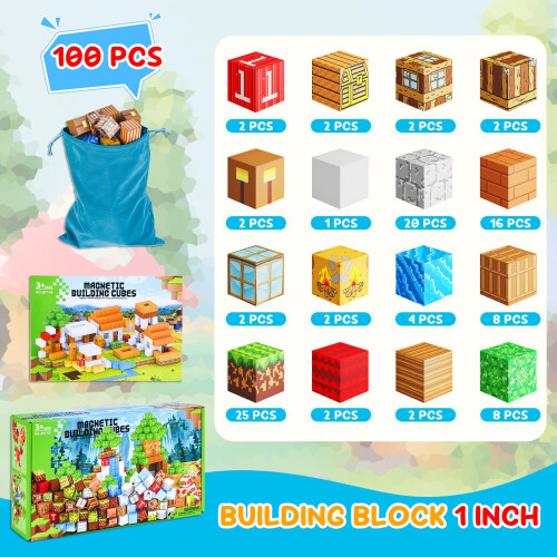 100PCS Magnetic Building Blocks, Pixel Village Construction Set, Ages 3-10 1