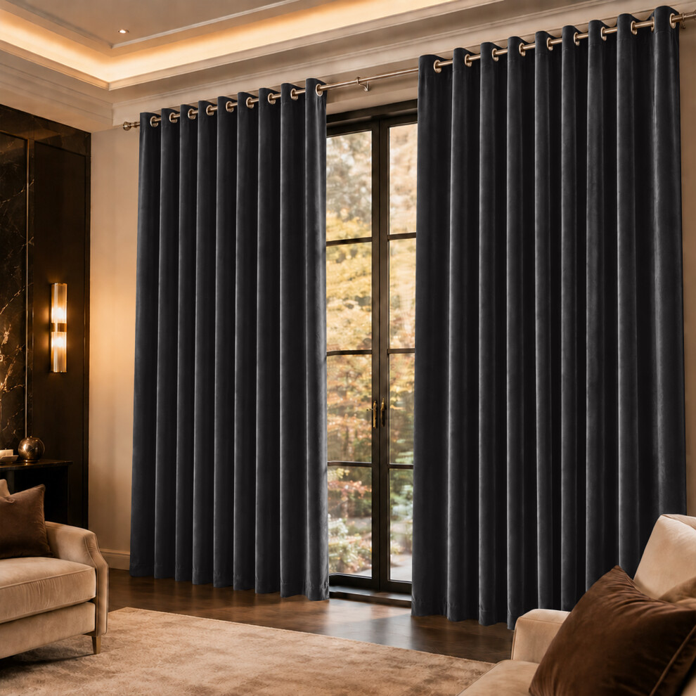 Imperial Rooms (66" X 90" (168Cm X 228Cm), Velvet Curtain) Velvet Curtains Eyelet Ring Top Pair Fully Lined Black