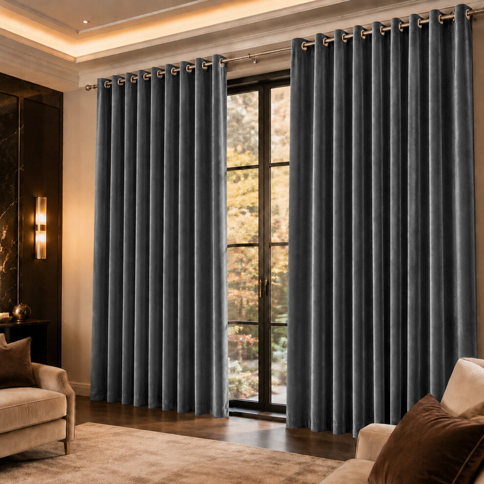 Imperial Rooms (66" X 90" (168Cm X 228Cm), Charcoal Velvet Curtain) Velvet Curtains Eyelet Ring Top Pair Fully Lined Silver