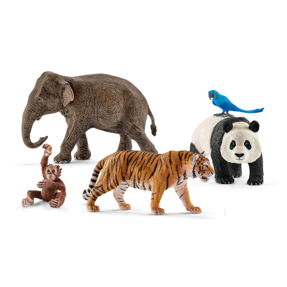 Schleich Wild Life - 5Pc Wild Animal Toy Set - Jungle Safari Bundle With Panda, Macaw, Baby Orangutan, Elephant, And Tiger Figurine - Realistic Wildl