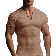 Heren Geribbelde Henley Shirt Korte Mouw Slim Fit Spier Shirt Fitted Casual T-Shirt Khaki S