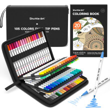 Shuttle Art Dual Tip Brush Pens, 105 Colours Fine and Brush Tip Markers Set with Portable Case & 1 Colouring Book, Felt Tip Colouring Pens for