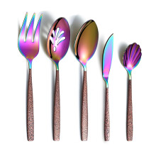 Besteckset aus Edelstahl 5 Stück Brauner Griff Regenbogenkopf — besteck set 5 teilig, besteck aus edelstahl, braune griffe, regenbogen kappen