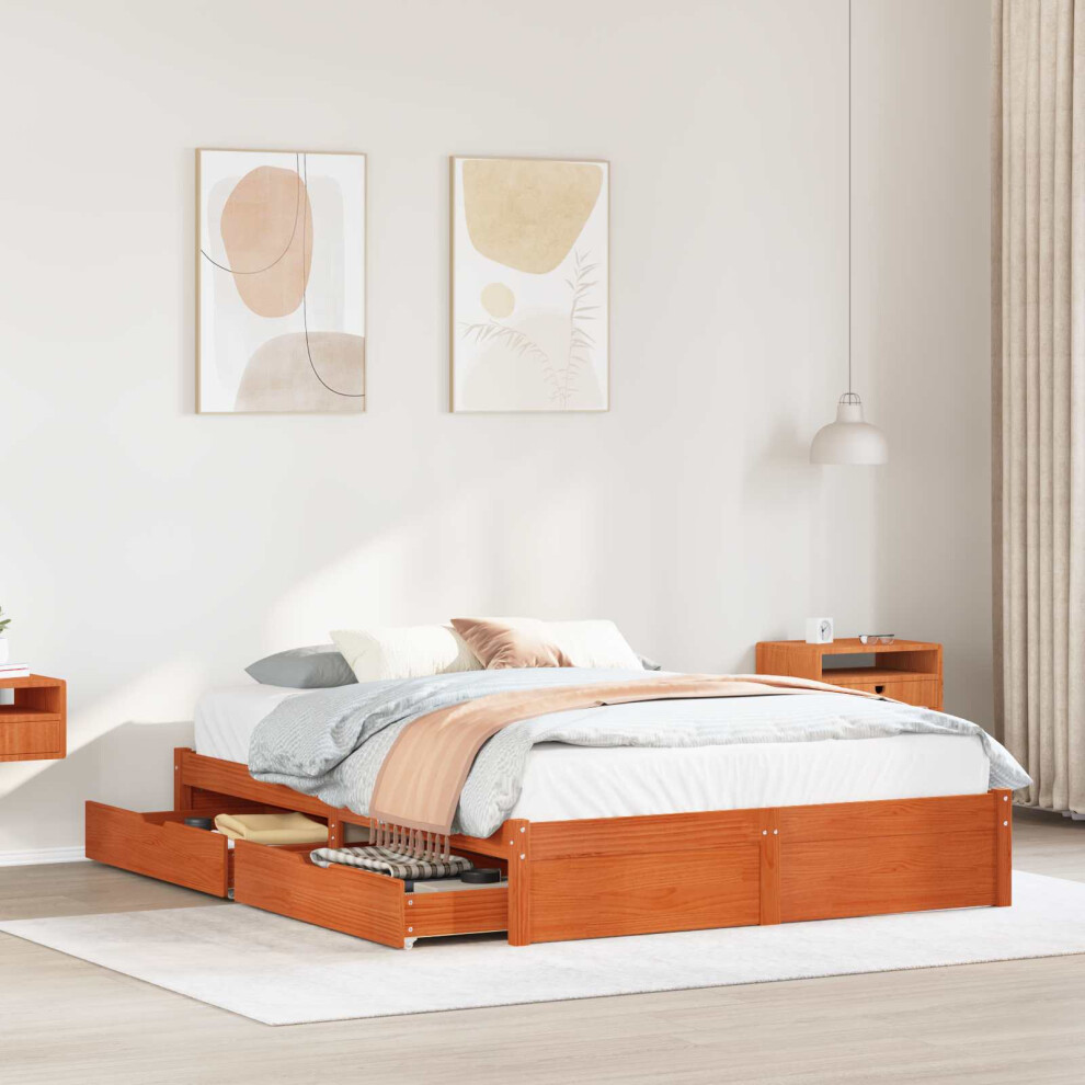 Vidaxl Bed Frame With Drawer Wax Brown 140 X 200 Cm Solid Pine Wood