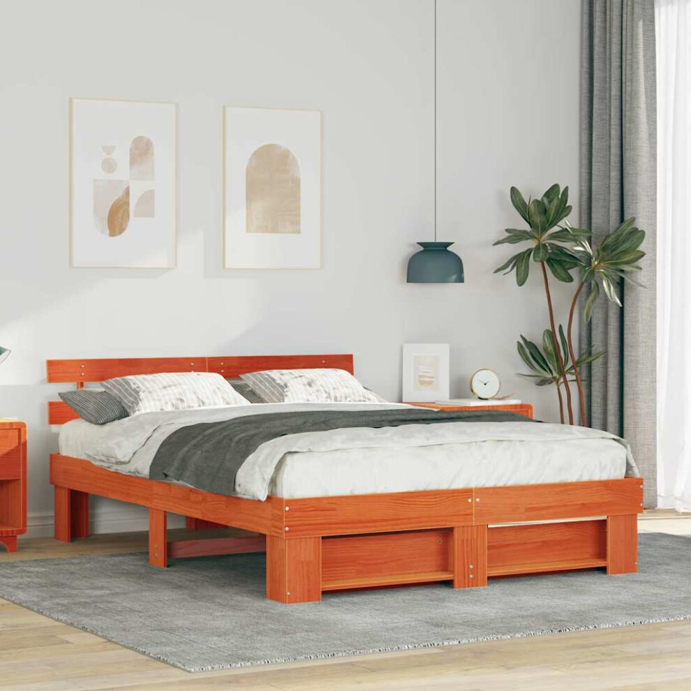 Vidaxl Bed Frame With Headboard Wax Brown 140 X 200 Cm Solid Pine Wood