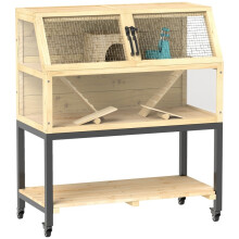 Gabbia in legno per criceti nani, dimensioni 87x43x101 cm, con ripiano, beverino, rampe e ruote.