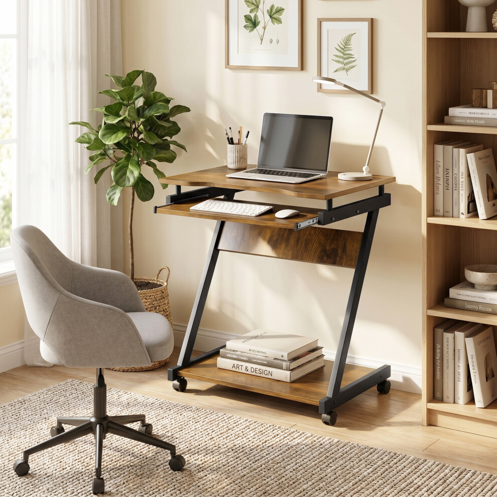 Homcom Movable Computer Desk With 4 Moving Wheels Rustic Brown