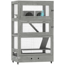 Gabbia in legno a 4 livelli per criceti nani, 65x45x109 cm, con casette, altalena, rampe e ruote, colore grigio.