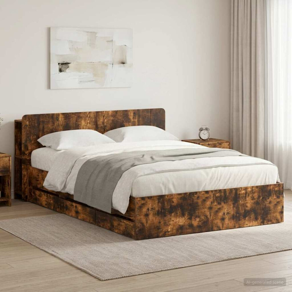 Vidaxl Bed Frame With Storage Smoked Oak 135 X 190 Cm Engineered Wood