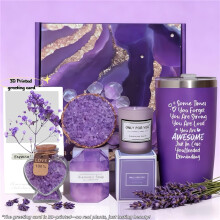 (Purple Set) Luxe Self-Care Spa cadeaumand-badset voor dames: badbad, badzout, badbommen, kaars en mok in een themadoos