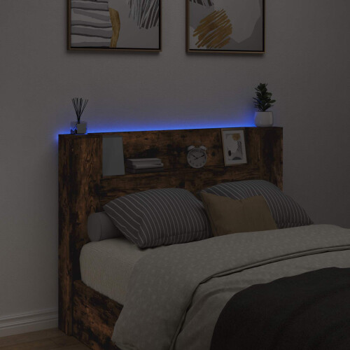 VidaXL vidaXL Storage Headboard with LED Smoked Oak Engineered Wood 2
