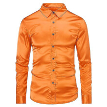 (3XL, Orange) Mens Casual Fashion Shiny Long-sleeved Slim-fit Formal Shirt Best Seller_Good quality