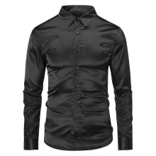 (XS, Black) Mens Casual Fashion Shiny Long-sleeved Slim-fit Formal Shirt Best Seller_Good quality