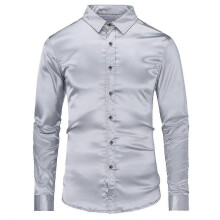 (XS, Gray) Mens Casual Fashion Shiny Long-sleeved Slim-fit Formal Shirt Best Seller_Good quality
