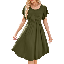 Damen Midi-Kleid mit Taschen Sommerkleid Volantärmel Knöpfe Grün Gr. L — midikleid damen, grünes midikleid, sommerkleid mit taschen