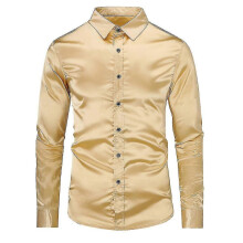 (S, Golden) Mens Casual Fashion Shiny Long-sleeved Slim-fit Formal Shirt Best Seller_Good quality