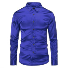 (L, Blue) Mens Casual Fashion Shiny Long-sleeved Slim-fit Formal Shirt Best Seller_Good quality