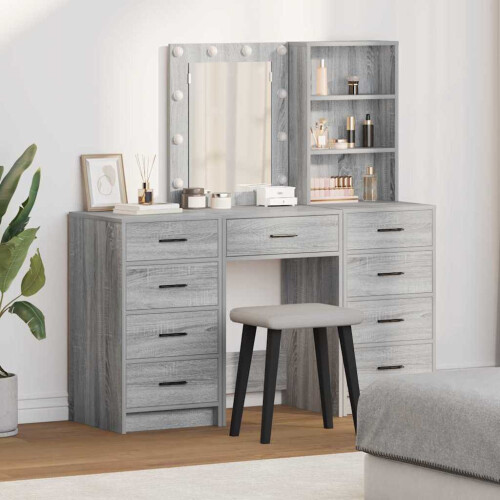VidaXL vidaXL Dressing Table with Mirror Lights 3 pcs Grey Engineered wood