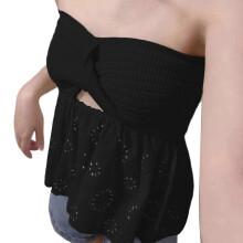 (M, Black) Women Strapless Knit Twist Front Bandeau Peplum Tube Top Hollow-Out Embroidery Ruffle Patchwork Holiday Camisole Vest White S