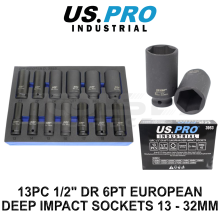US PRO INDUSTRIAL 13pc 1/2" Dr 6pt European Deep Impact Socket Set 13-32mm 3953