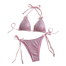 (L, Pink) Womens 2Pcs Halterneck Swimsuits Set Strappy Swimsuits High Cut Bra Panties Set Swimwear Low Waist Lacing Swimming Suit Pink S