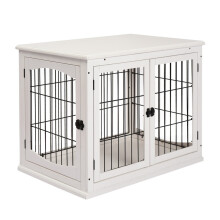 Trasportino per cani da interno e gabbia per piccoli animali, colore bianco, in MDF e metallo, dimensioni 81x58,5x66 cm.