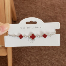 (Style 70) Rose Gold Adjustable Slider Bracelet, Red Enamel & Hollow Four Leaf Clover Charms with Clear Zircon Accents