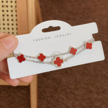 (Style 92) Rose Gold Adjustable Slider Bracelet, Red Enamel & Hollow Four Leaf Clover Charms with Clear Zircon Accents