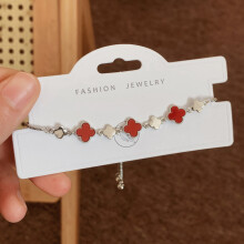 (Style 84) Rose Gold Adjustable Slider Bracelet, Red Enamel & Hollow Four Leaf Clover Charms with Clear Zircon Accents