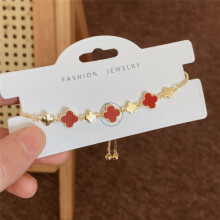 (Style 81) Rose Gold Adjustable Slider Bracelet, Red Enamel & Hollow Four Leaf Clover Charms with Clear Zircon Accents