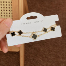 (Style 88) Rose Gold Adjustable Slider Bracelet, Red Enamel & Hollow Four Leaf Clover Charms with Clear Zircon Accents