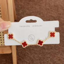(Style 57) Rose Gold Adjustable Slider Bracelet, Red Enamel & Hollow Four Leaf Clover Charms with Clear Zircon Accents