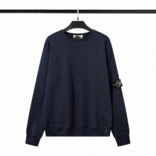 (L,Navy Blue with Velvet 296)Classic Stone Correct Version Solid Color Round Neck Badge Long Sleeve Unisex Sweatshirt Island Couple Style