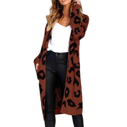 (L, Brown) Oversized Women's Leopard Print Cardigan with Front Opening  Red S