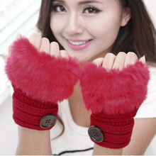 (Red) Women Winter Faux Fur Wrist Fingerless Gloves Arm Warmer Mittens