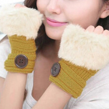 (Yellow) Women Winter Faux Fur Wrist Fingerless Gloves Arm Warmer Mittens