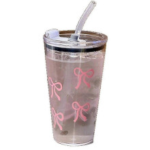 Pink Plastic Cup with Straw, Lid & Transparent Design - 450ml, Ideal for Milk, Coffee & Beverages - Home & Travel Use