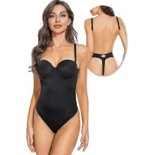 (L, Black) Women's Low Back Thong Bodysuit with Push Up Bra Effect - Shapewear Body Shaper
