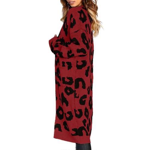 (M, Red) Oversized Women's Leopard Print Cardigan with Front Opening  Red S 2