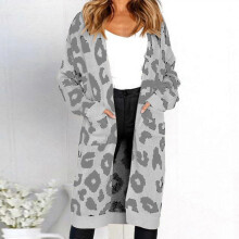 (M, Gray) Oversized Women's Leopard Print Cardigan with Front Opening Red S